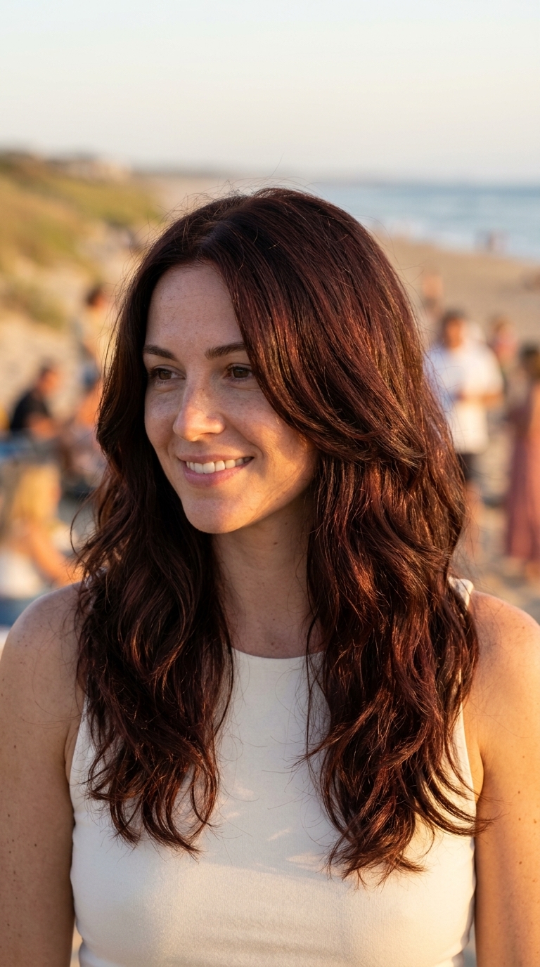 long layered wavy haircut in deep chocolate cherry with blended layers for summer