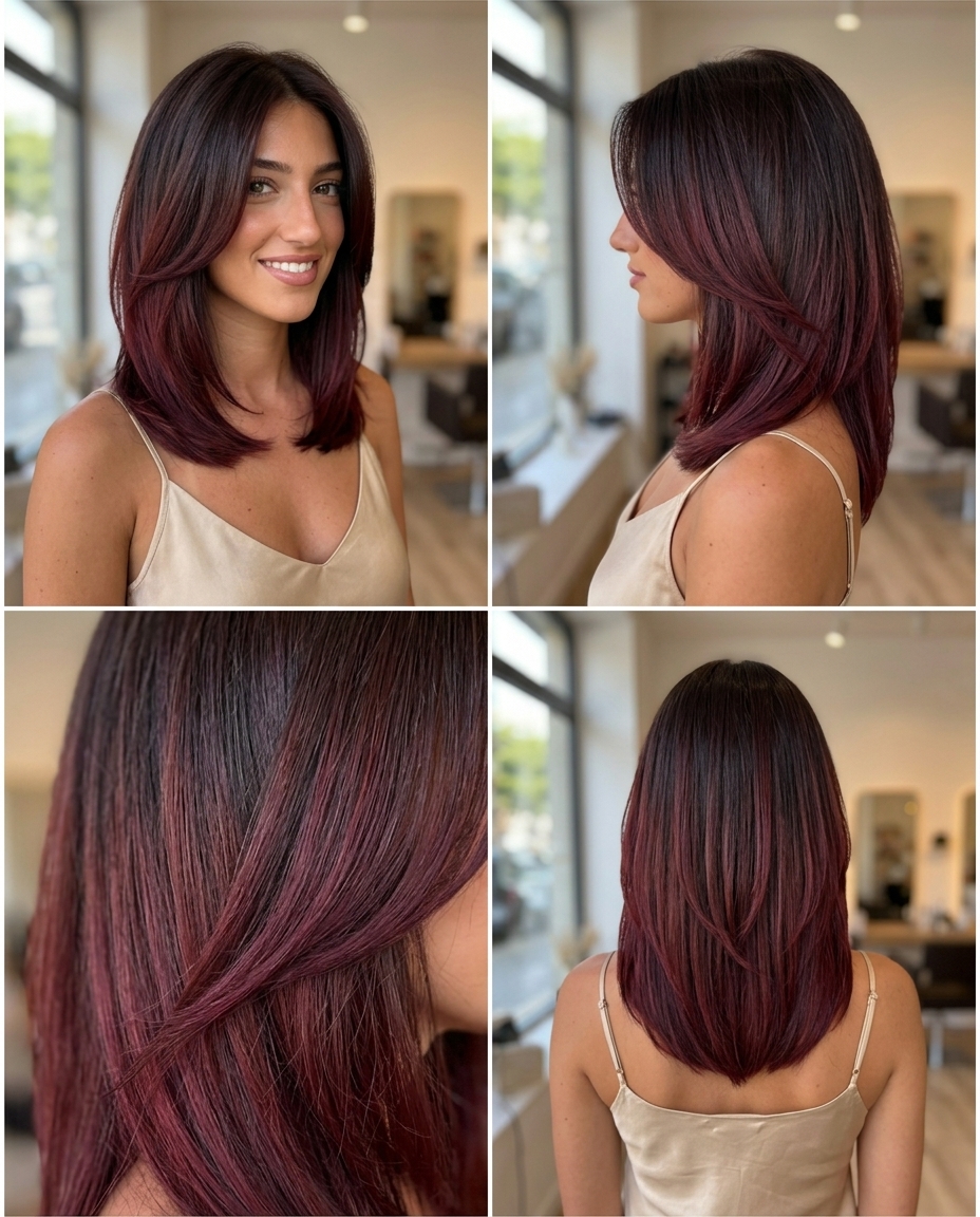 long deep espresso to cherry red-violet ombre with subtle violet undertones, hand-painted melt — sultry evening