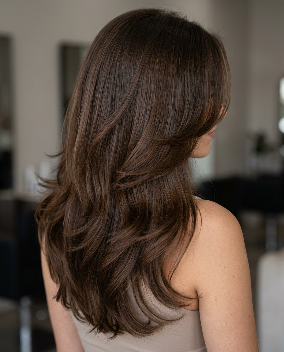 long chocolate butterfly haircut with feathered layers and soft U-cut back for elegant style