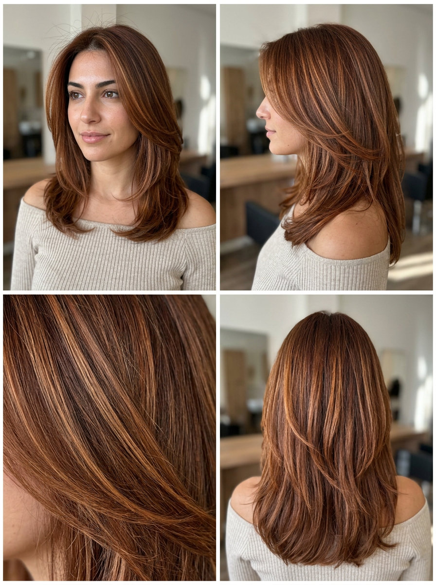 Cinnamon Auburn Foilayage 2026 long layered auburn hair color with golden-copper highlights, foilayage technique — romantic & warm