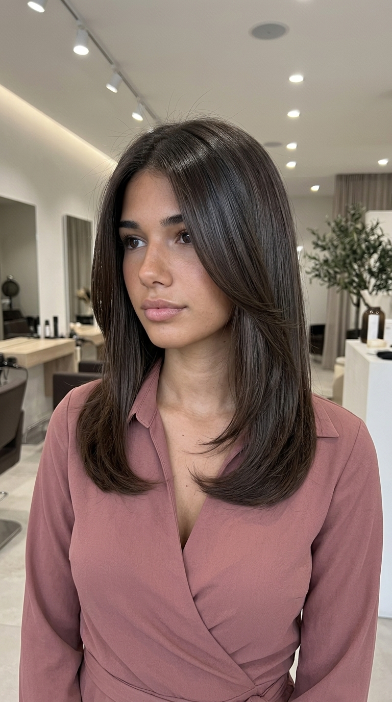 long espresso brunette gloss with ash undertones, glass-like sheen for summer