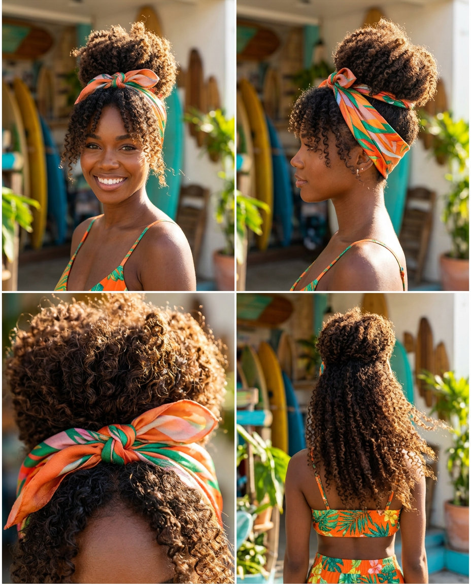 long pineapple updo with colorful silk scarf wrap for summer