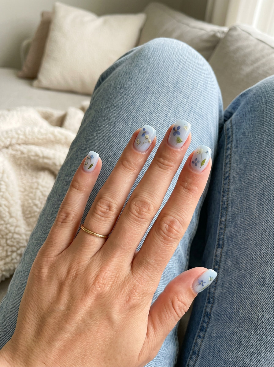 Blueberry Milk Bath Nails 2026 | Bridal & Vacation Ethereal blueberry milk bath nails with dried flowers for weddings and vacations. Colourful summer nails 2026.