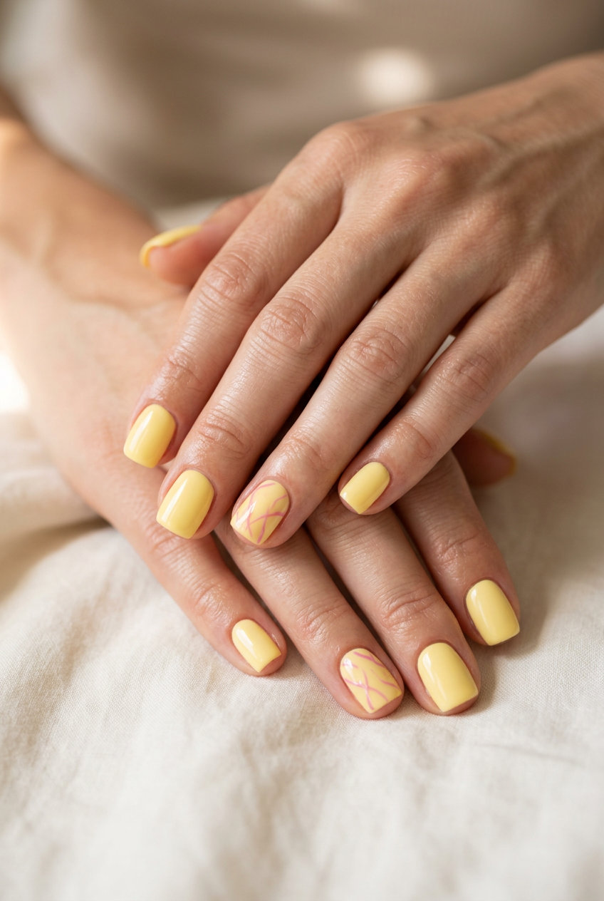 Butter Yellow Accent Nails 2026 | Daily Chic Cheerful butter yellow nails with abstract line accents for daily wear and picnics. Colourful summer nails 2026.