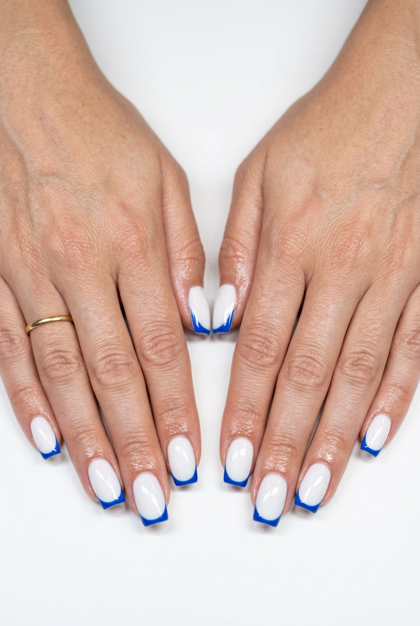 Colorblock French Tips 2026: Bold Summer Modern summer colorblock French tip nails in bright white with vibrant tips for colourful summer nails 2026. Bold and playful.