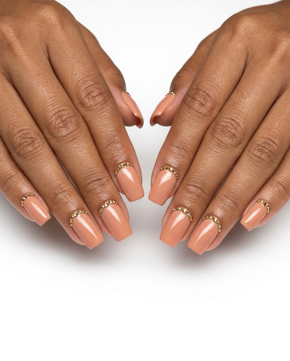 Golden Nude Sparkle Nails 2026 | Formal & Bridal Glamorous golden nude sparkle nails with rhinestone accents for weddings and formal events. Colourful summer nails 2026.