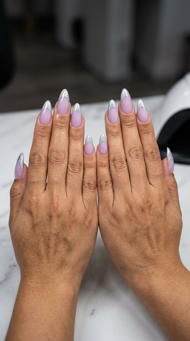 Holo Lavender Dream Nails 2026 | Festival Style Dreamy holographic lavender nails with French tips for festivals and summer events. Colourful summer nails 2026.