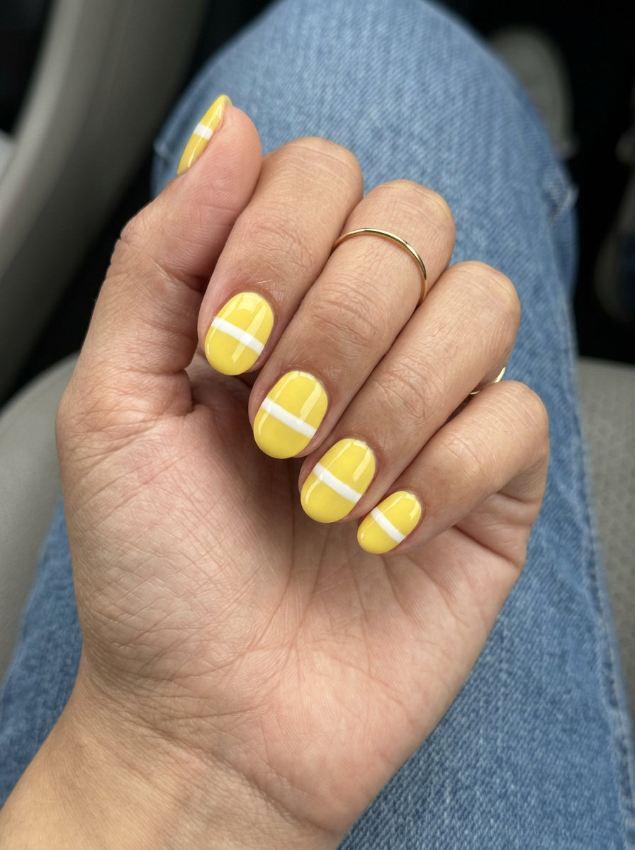 Lemonade Stripes Nails 2026 | Casual & Brunch Playful lemonade stripes nails in yellow and white for casual outings and brunch. Colourful summer nails 2026.