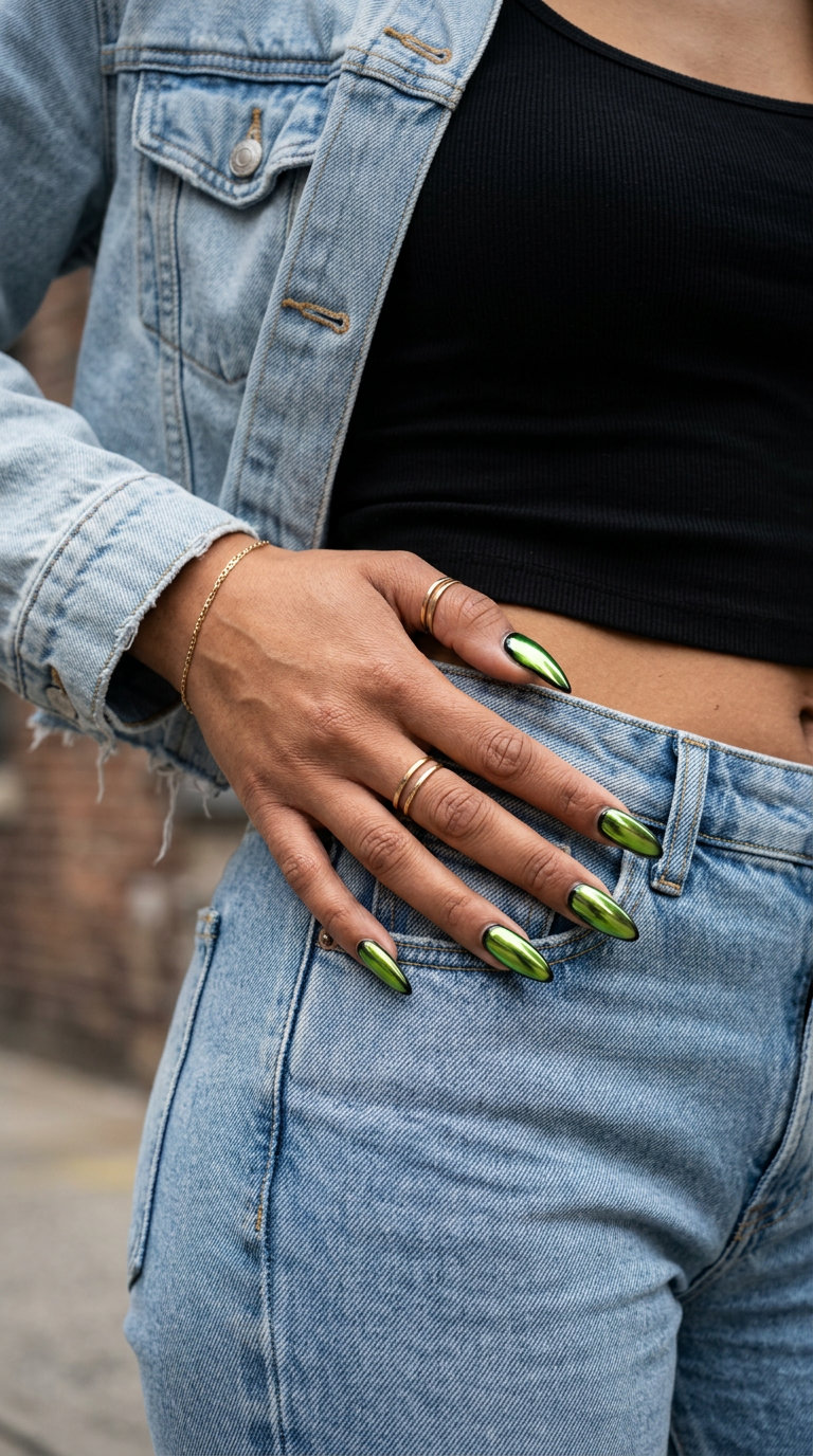 Lime Green Chrome Stiletto Nails 2026 | Futuristic Party Style Lime green chrome stiletto nails for a futuristic party look. Bold, edgy, and perfect for a night out in 2026.