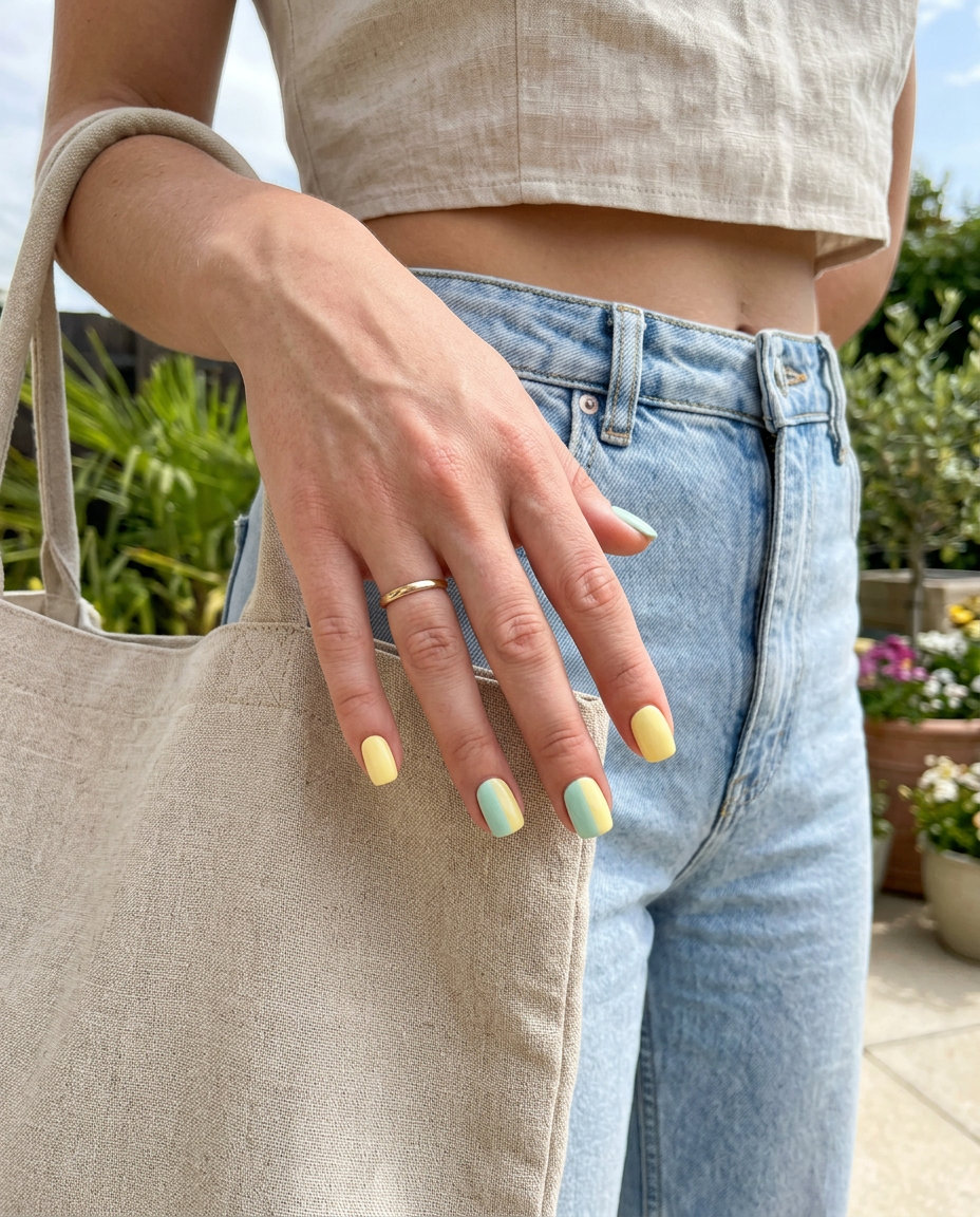 Pastel Block Nails 2026: Bright Summer Style Fresh pastel block summer square nails in yellow and mint green for colourful summer nails 2026. Bright and playful.