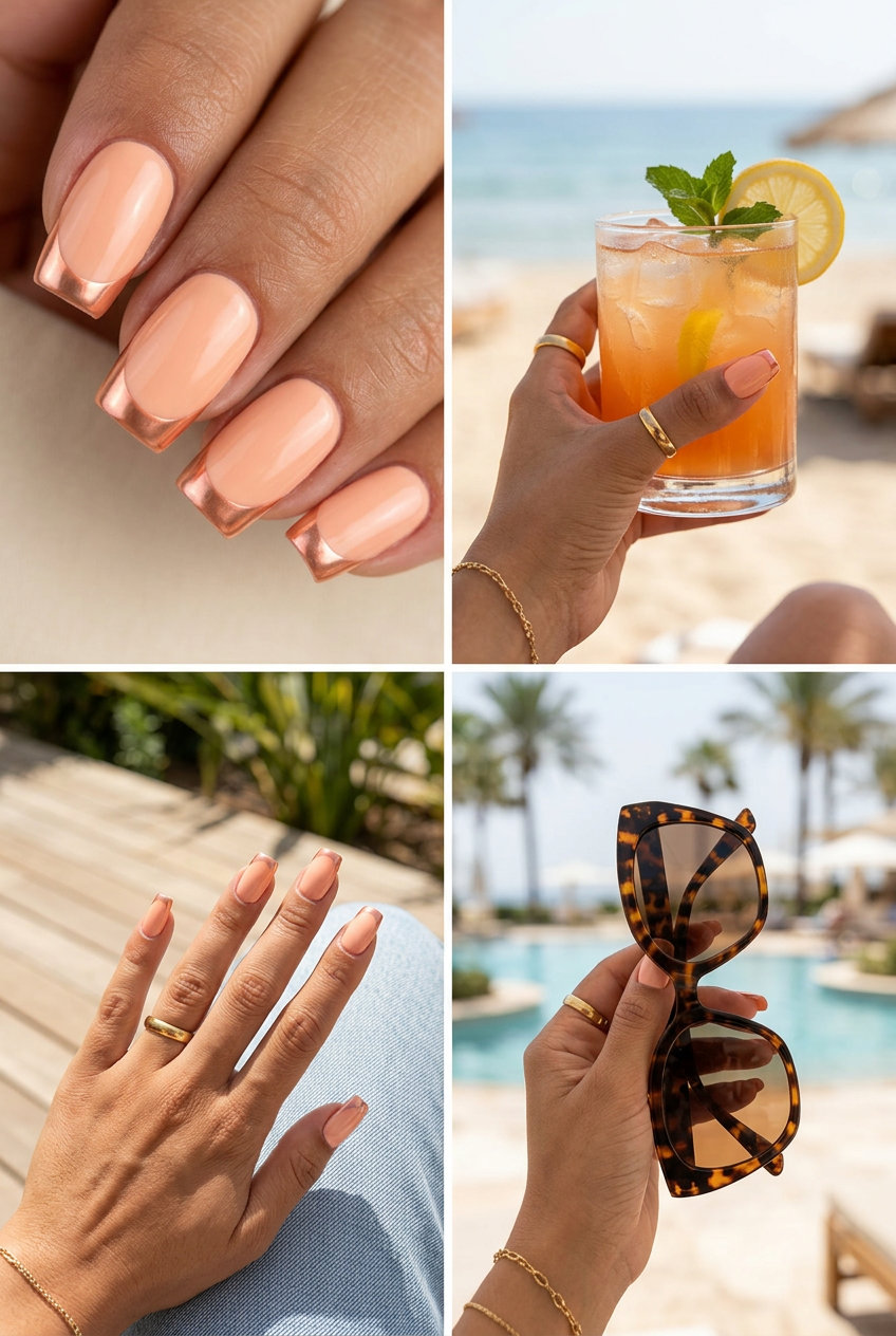 Peach Chrome French Tips 2026 | Chic Summer Glam Peach chrome French tips for a chic summer look. Subtle glam, perfect for daily wear and casual outings in 2026.