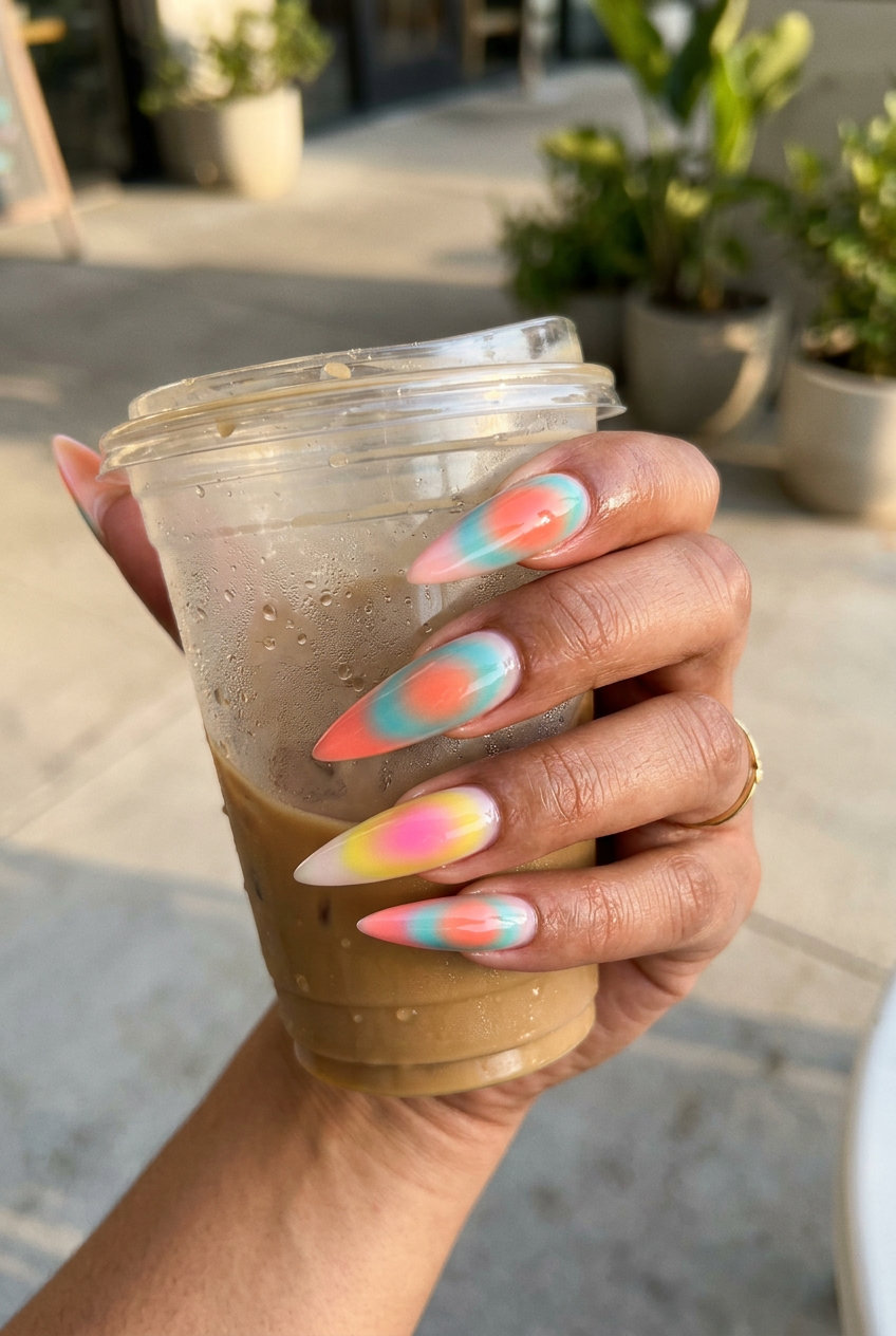 Summer Aura Blend Nails 2026 | Festival & Beach Vibrant summer aura blend nails in coral, turquoise, yellow, and pink for festivals and beach parties. Colourful summer nails 2026.