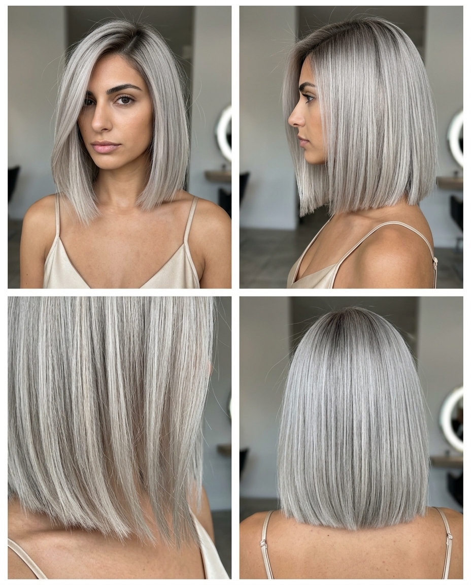 Bold Concrete Ash Blonde Blunt Cut 2026 shoulder-length concrete ash blonde blunt cut with subtle ash root for summer