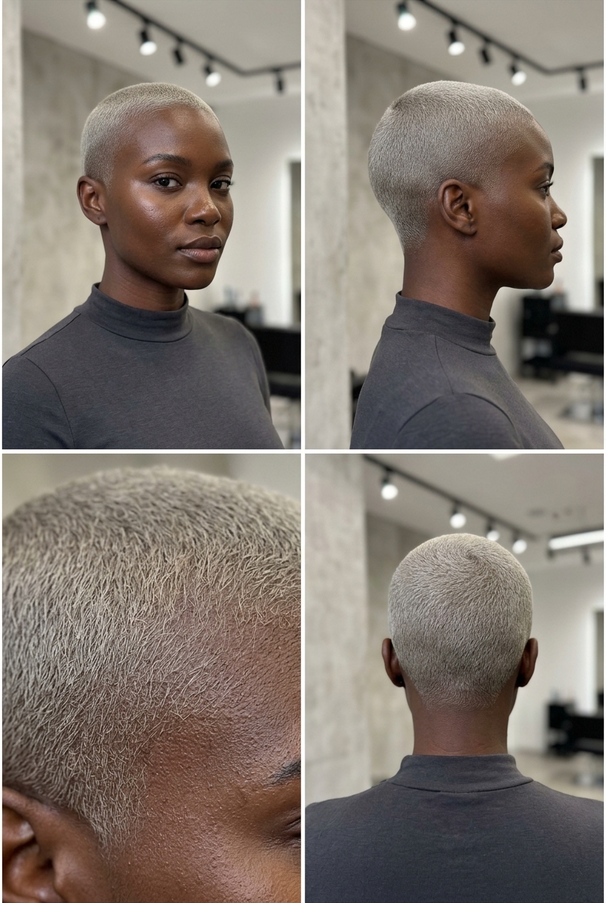 Concrete Ash Blonde Buzz Cut: Bold Statement 2026 very short concrete ash blonde buzz cut with flat grey, uniform clipper cut for edgy look