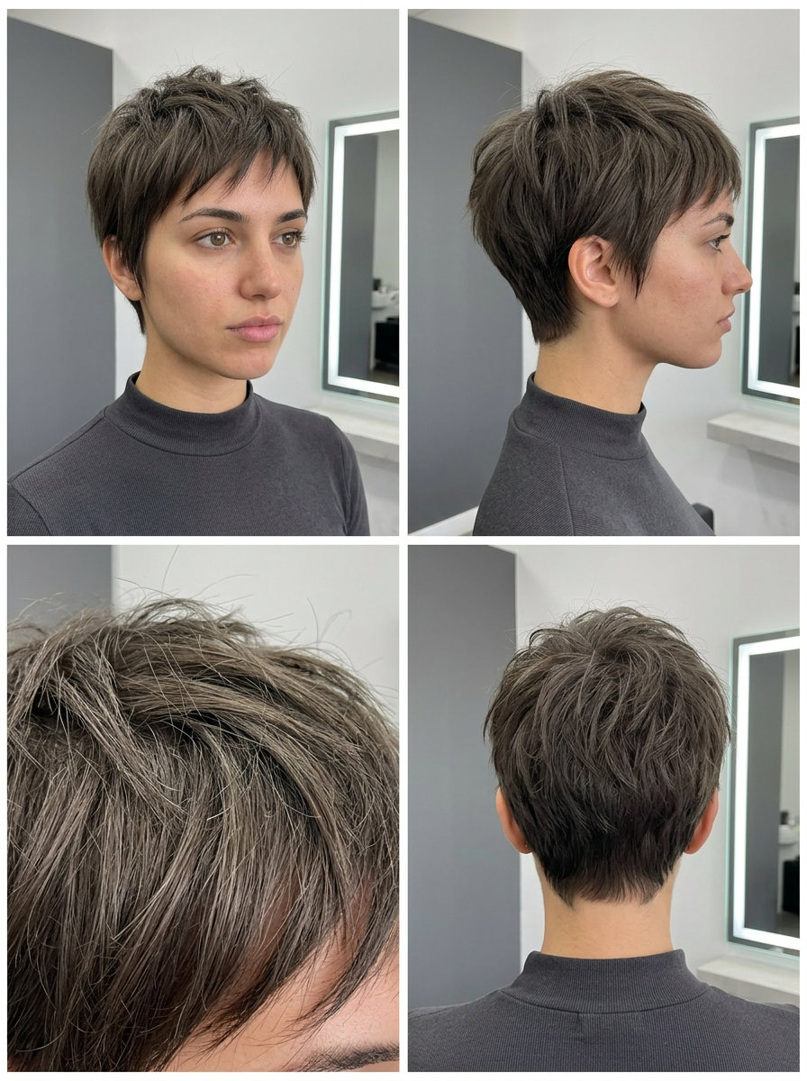 Boyfriend Pixie Haircut 2026 very short textured pixie haircut with cool ash brown, piecey layers for playful tomboy