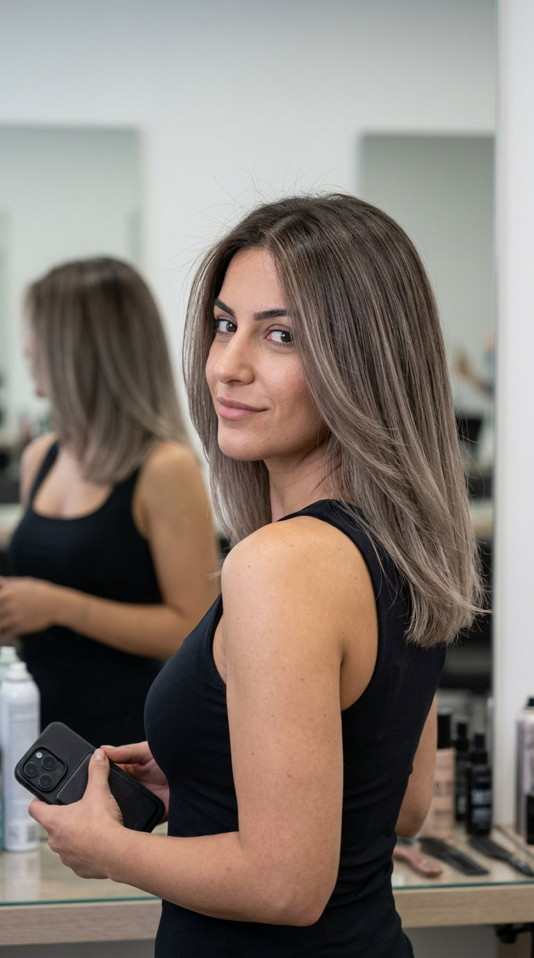 long wavy brunette hair with cool ash balayage, neutral brown root to ash brown highlights for effortless style