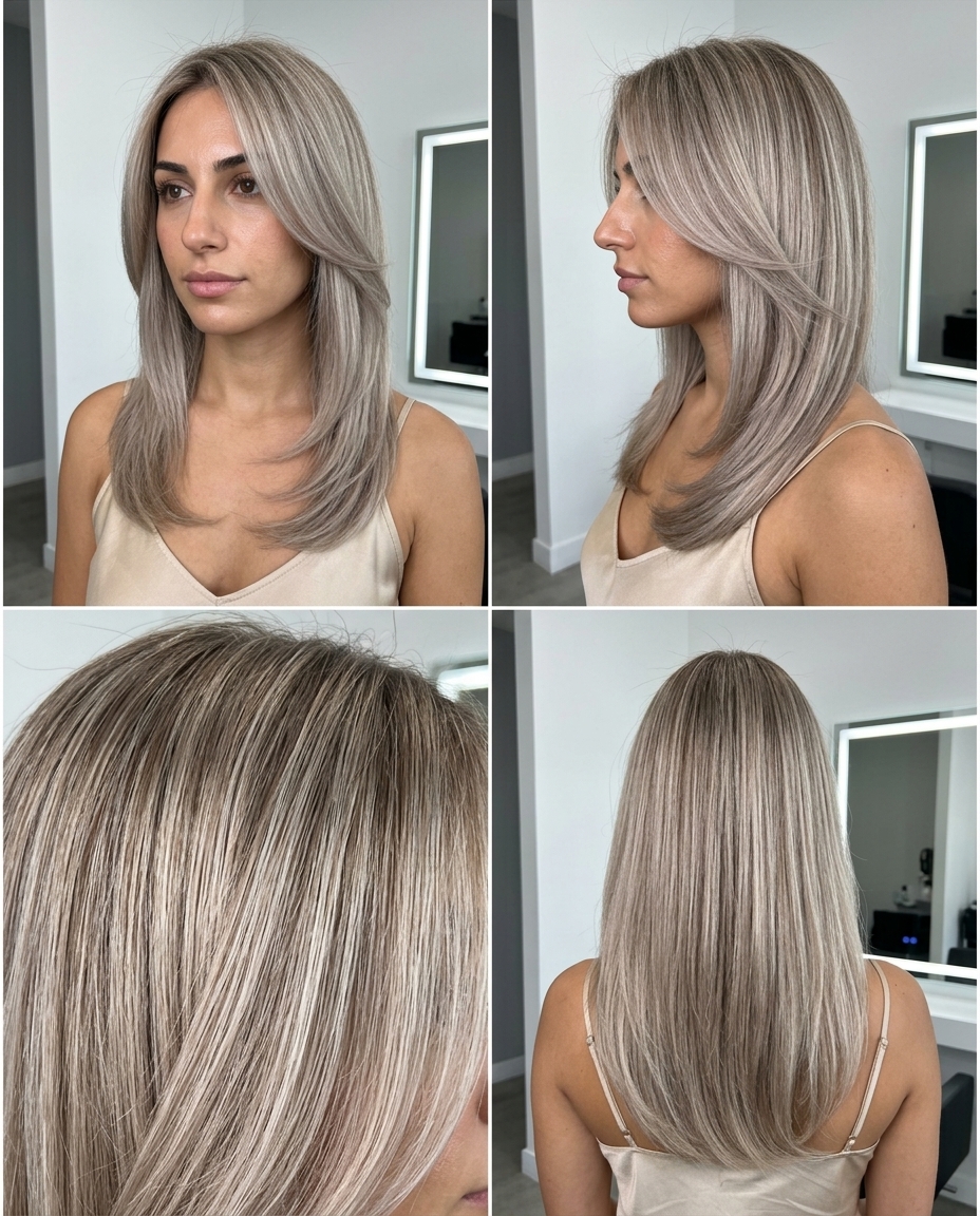 Retro Ash Blonde Curve Cut: Chic Style 2026 medium-long ash blonde hair with silver reflects, subtle root smudge, curve cut for chic look