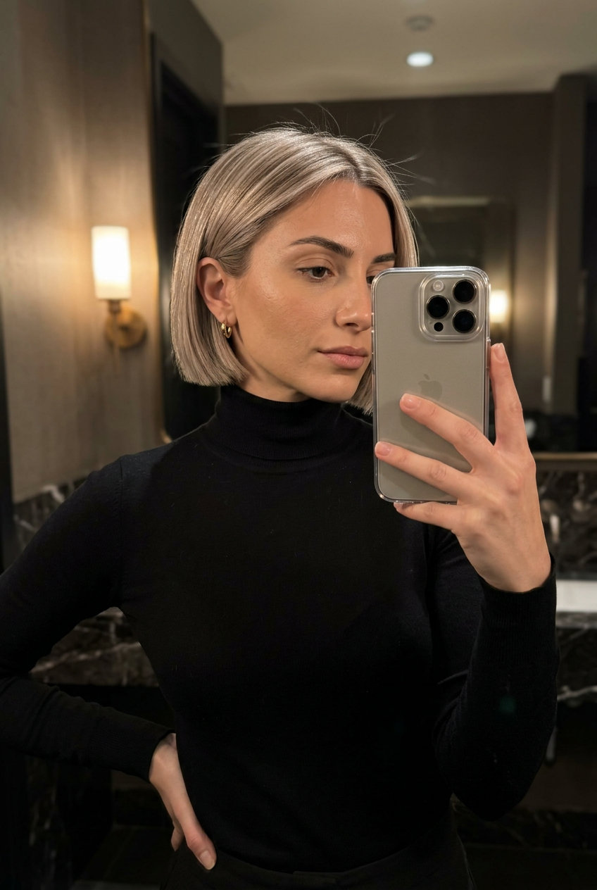 short bob haircut with cool beige blonde, micro-foil babylights and sharp blunt perimeter for chic