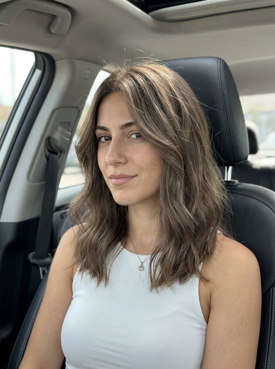 mid-length shag brunette hair with cool beige brown color, neutral ash undertones for soft natural look