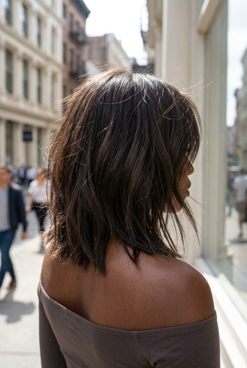 medium cool espresso brunette lob with diffused root smudge and jagged ends for weekend