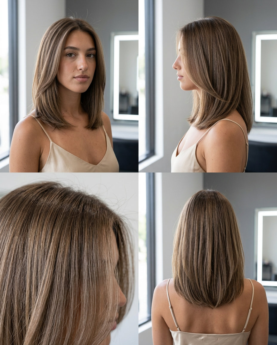 medium layered brunette hair with cool honey beige reflections, light cool brown with muted honey undertones for fresh look