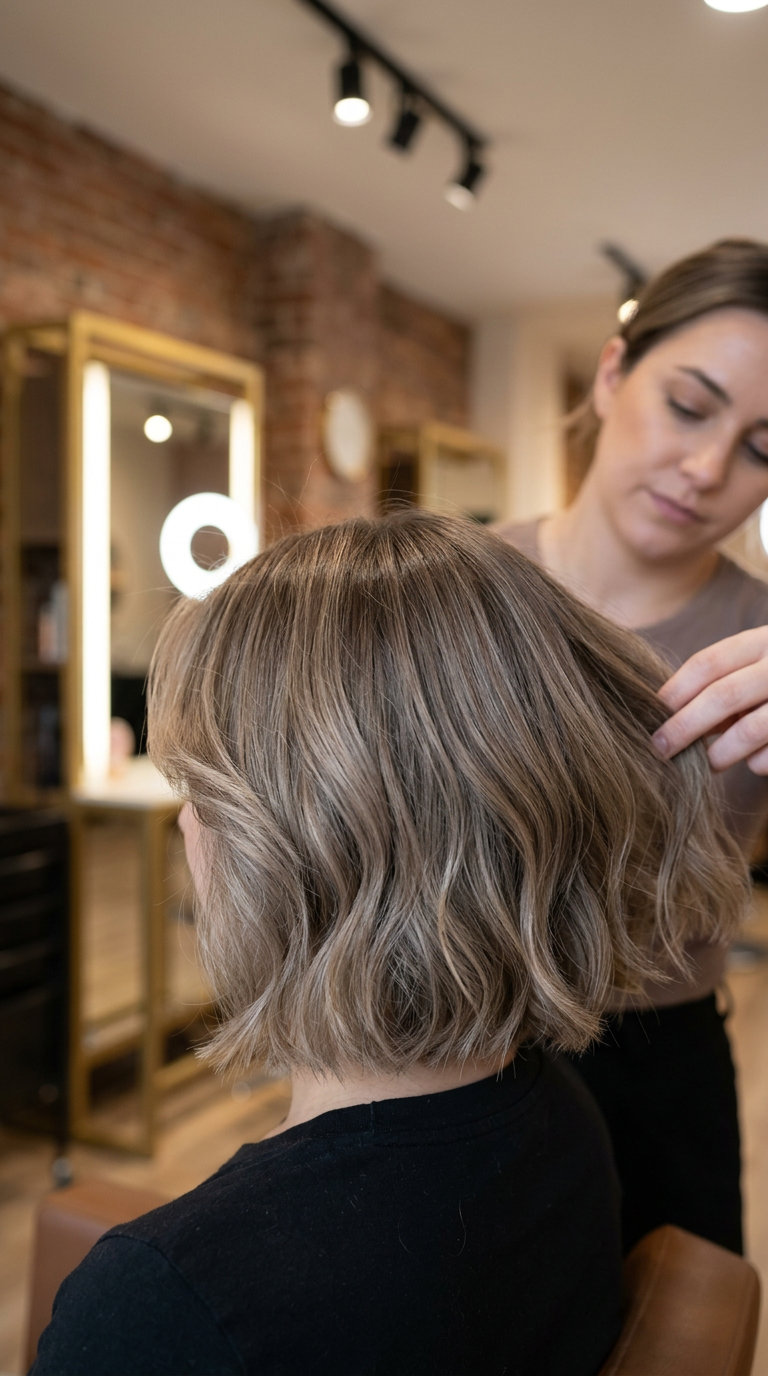 chin-length cool sand wavy bob haircut with face-framing pieces and a deep side part for a romantic look