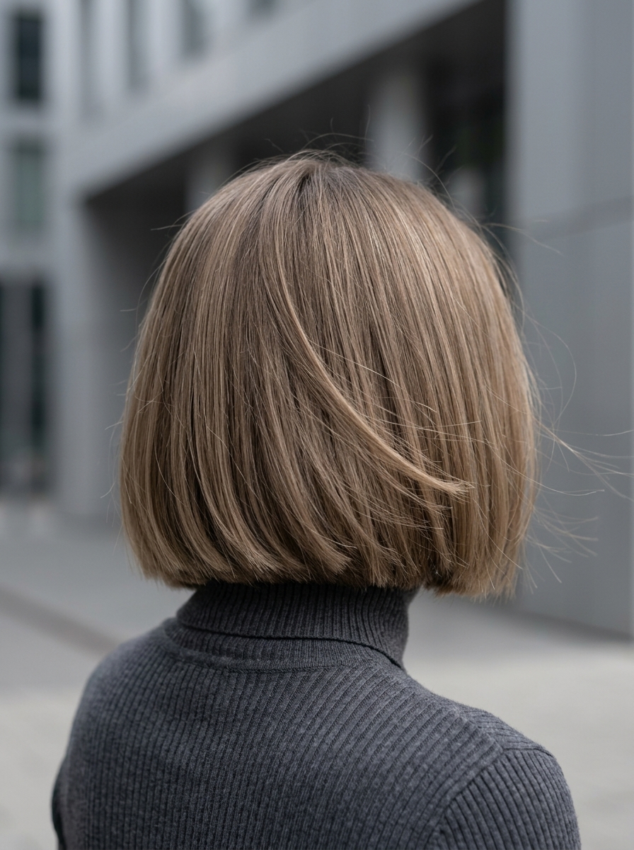 short cool sand brunette bob with beige-ash undertones, blunt cut, center part — minimalist chic