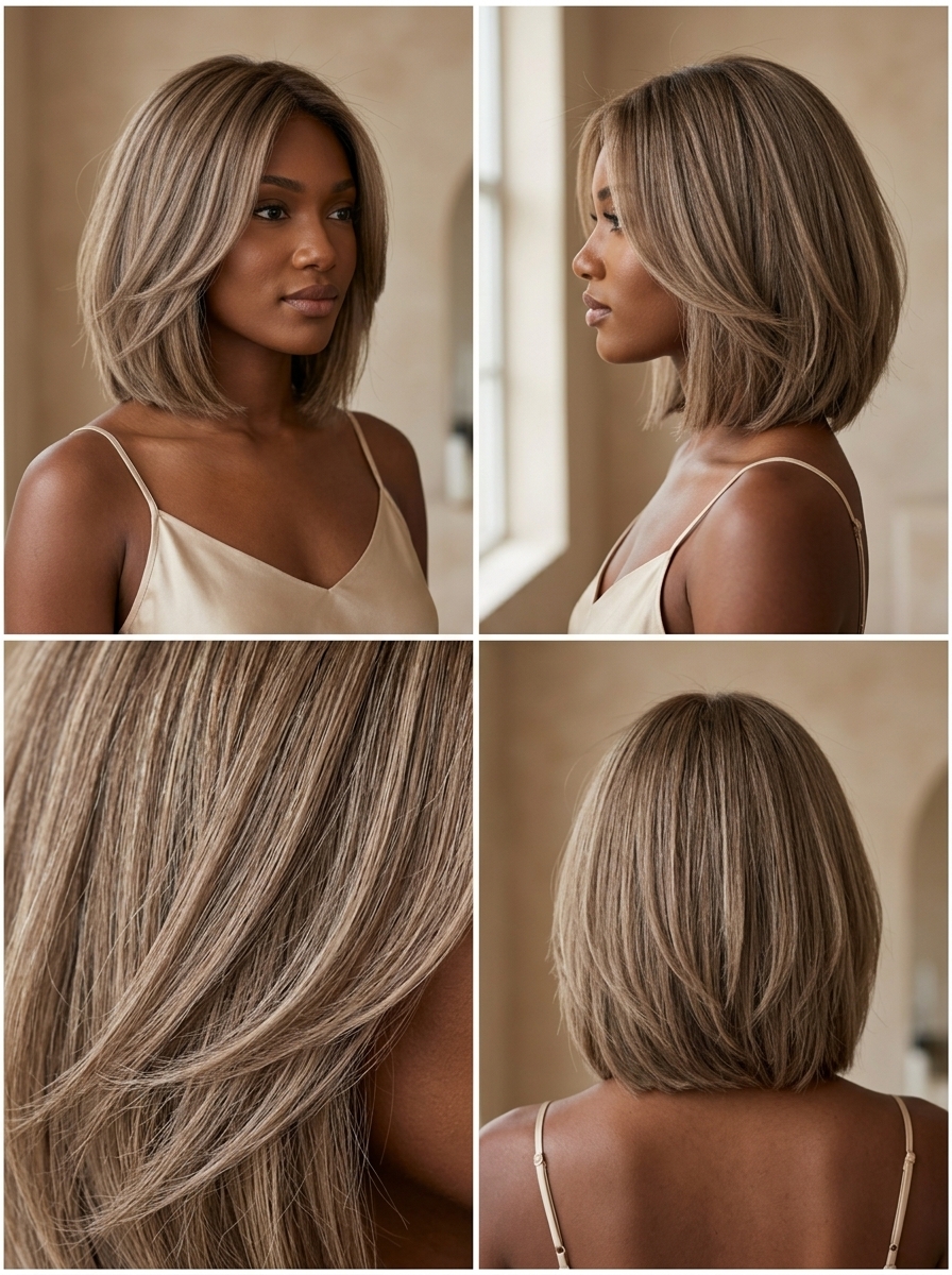 short cool sand brunette textured bob with shattered ends and side part — playful effortless