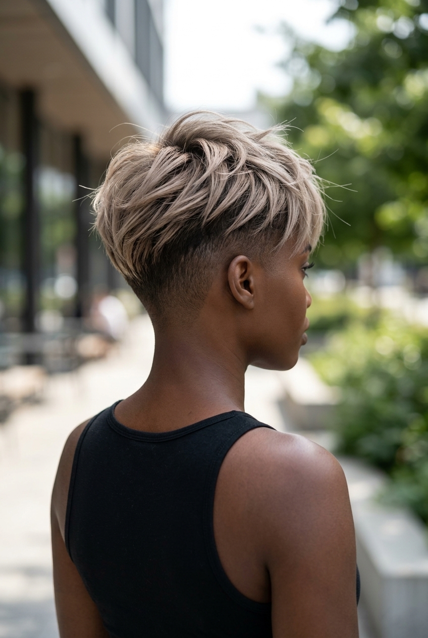 textured top with undercut in cool sand brunette with neutral ash undertones, edgy and modern — festival ready