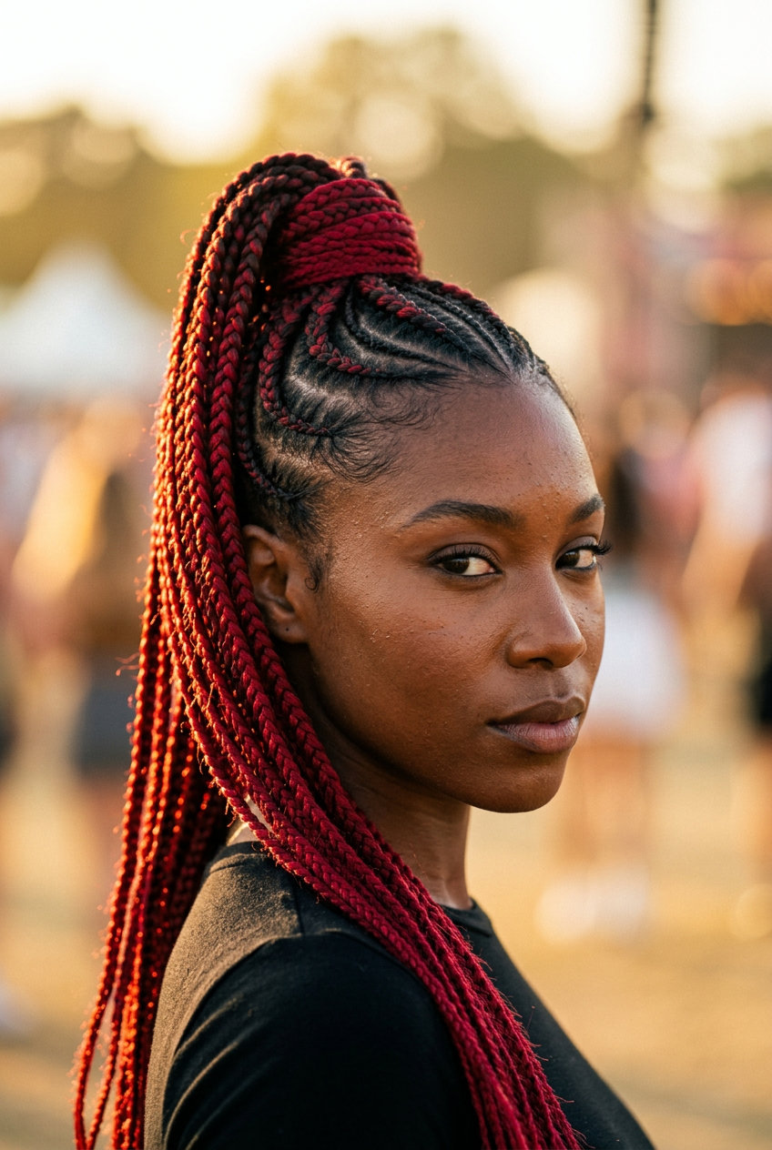 Copper ginger braided ponytail hairstyle with cornrow base for summer 2026