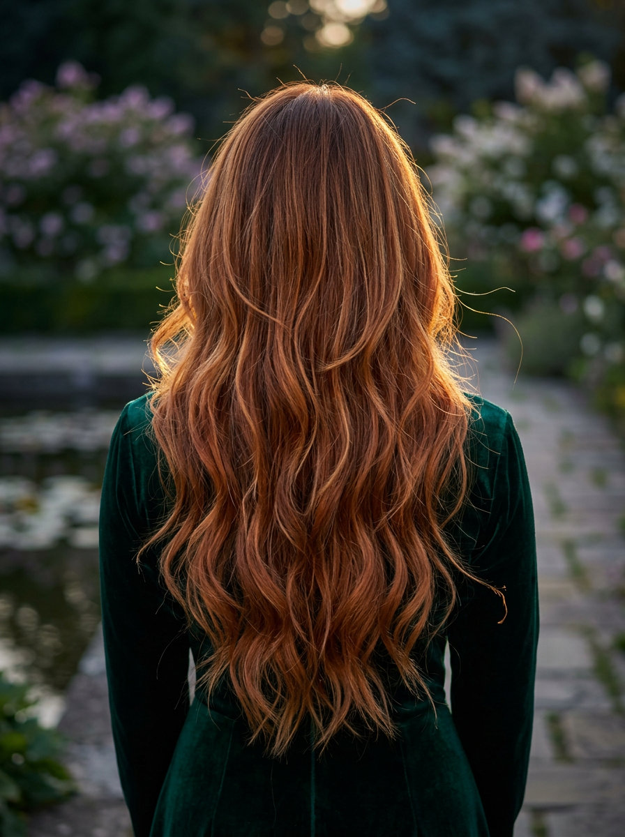 long fiery copper wavy hairstyle with golden auburn undertones, V-cut layers, and chin-length face-framing for summer