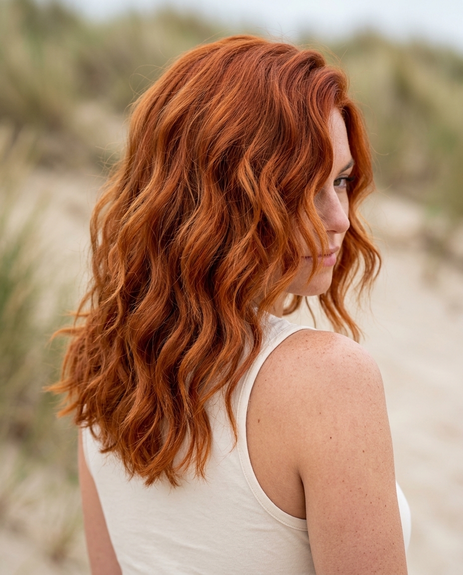 long layered haircut with vibrant copper penny color, U-cut shape, and textured ends for summer