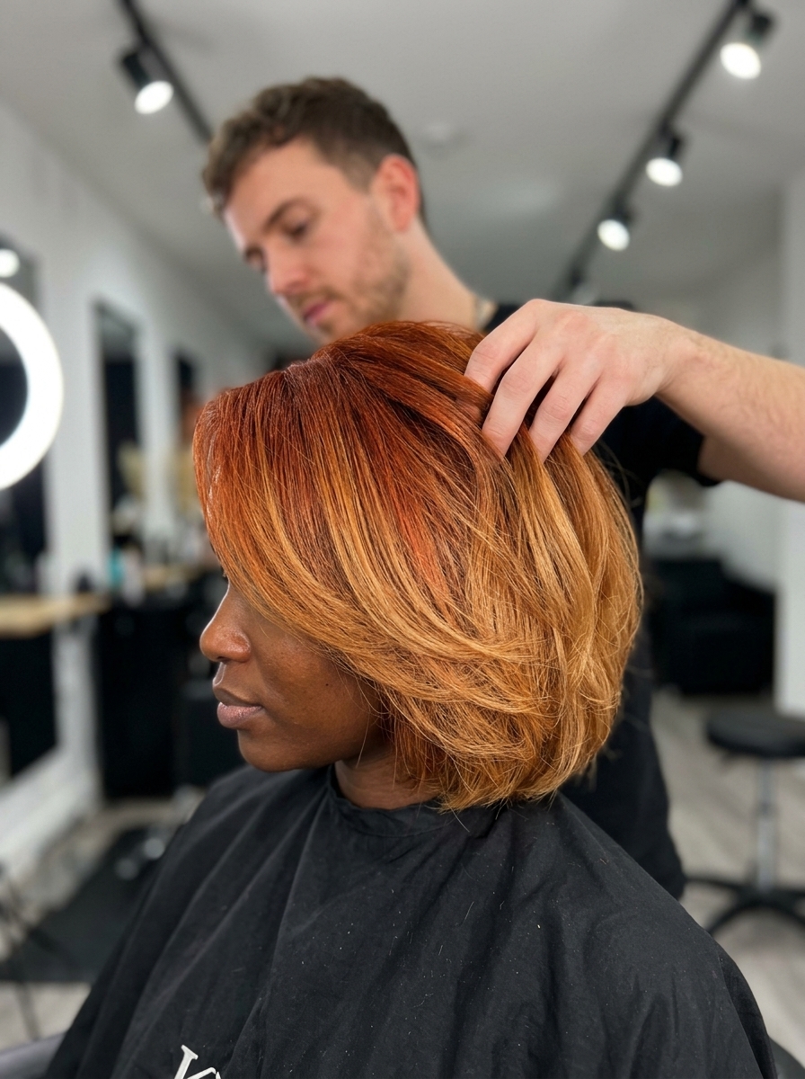 long copper to golden caramel ombre with vivid tones, Pintura/balayage blend, no fringe — bold statement