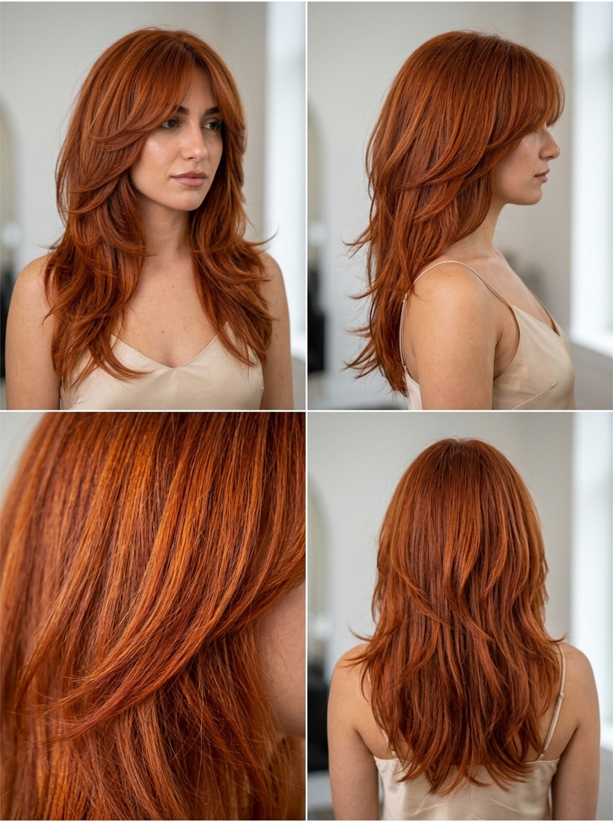 long shag haircut in vibrant copper-red with sculpted layers and voluminous curtain bangs for glamour