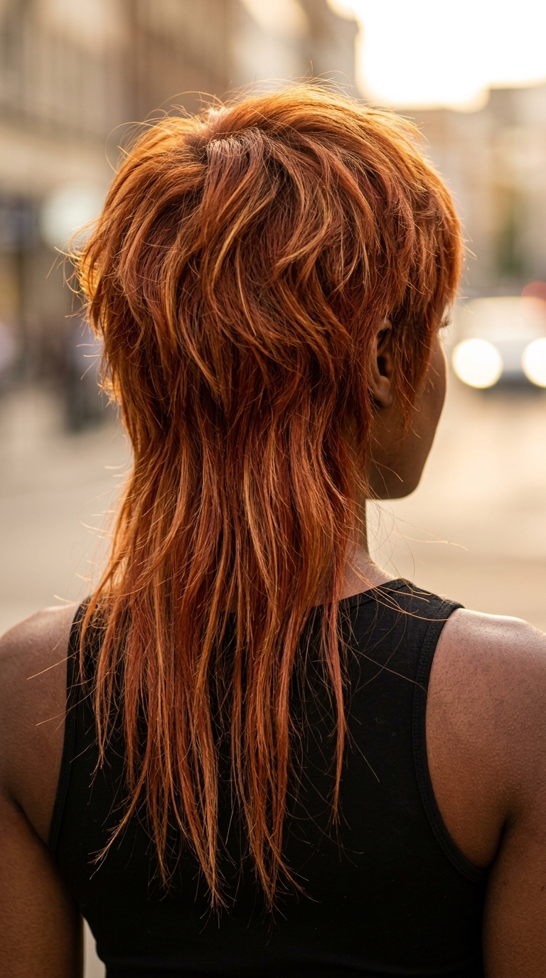 long wolf cut in vibrant copper red with razored layers and micro-bangs for festivals