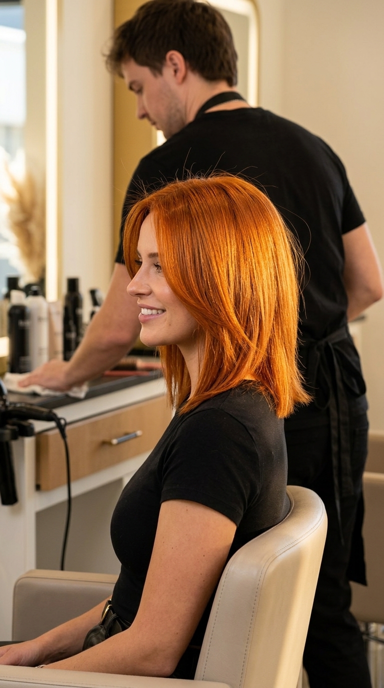 short bob hair color with vibrant copper, high-shine, and golden reflect for playful