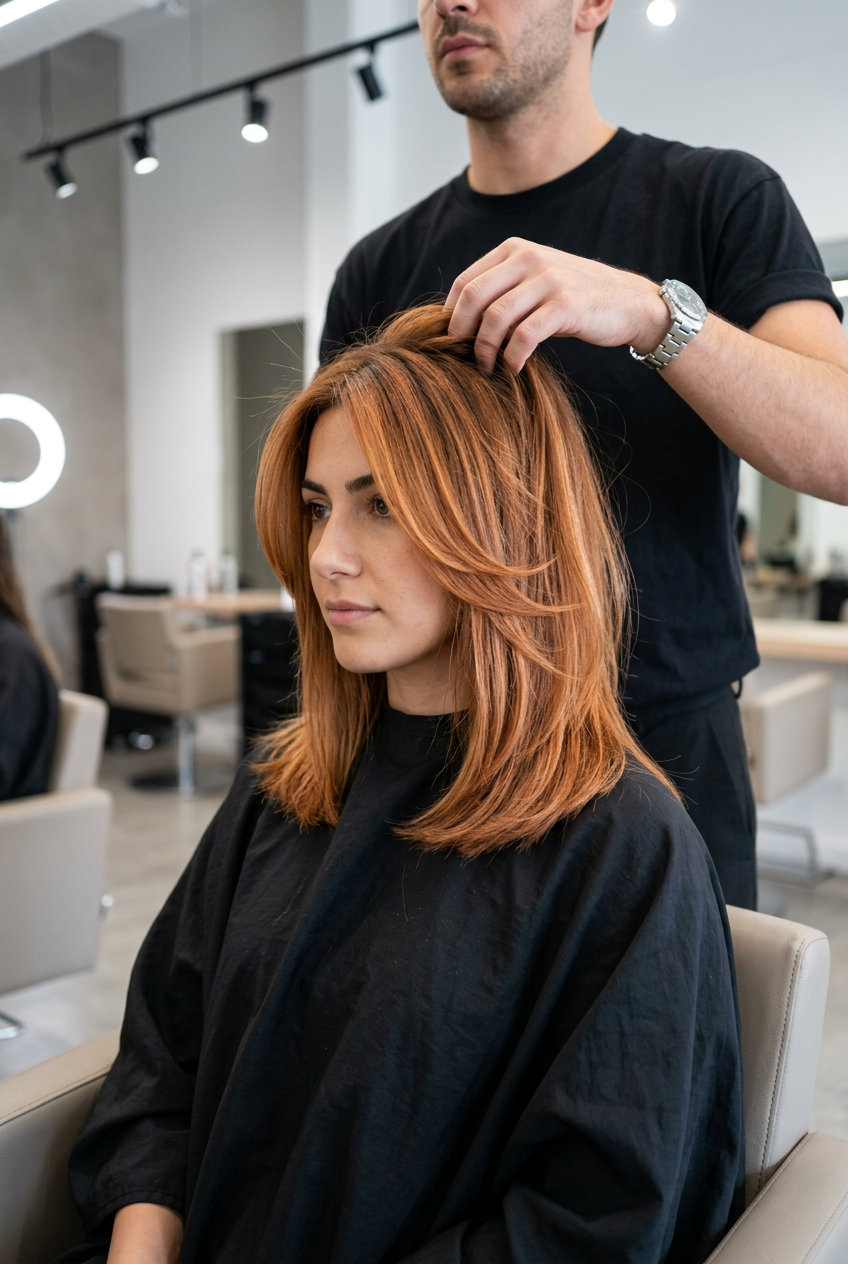 shoulder-length butterfly haircut with warm copper balayage and soft internal layering for summer