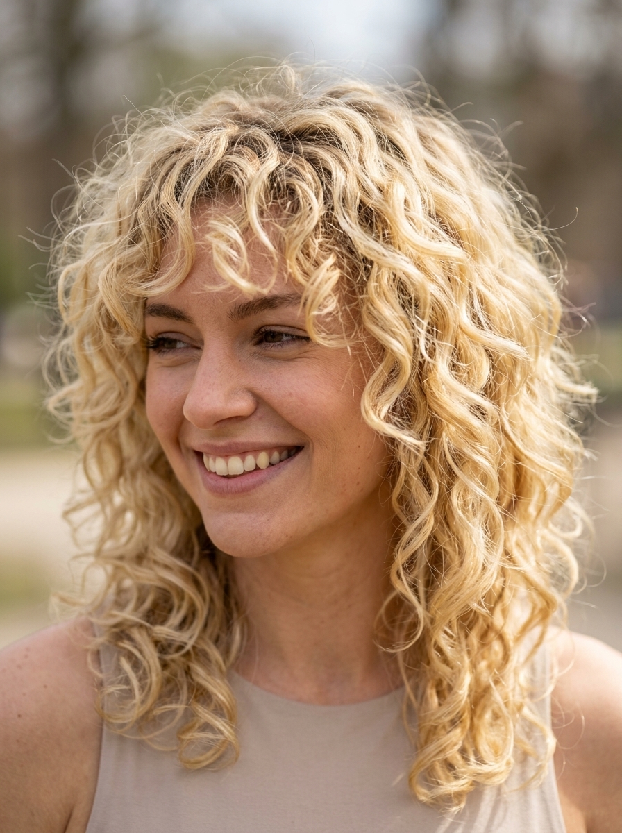 medium-length curly wolflet in creamy blonde with pale gold undertones, shadow root, and point-cut layers for bohemian vibes