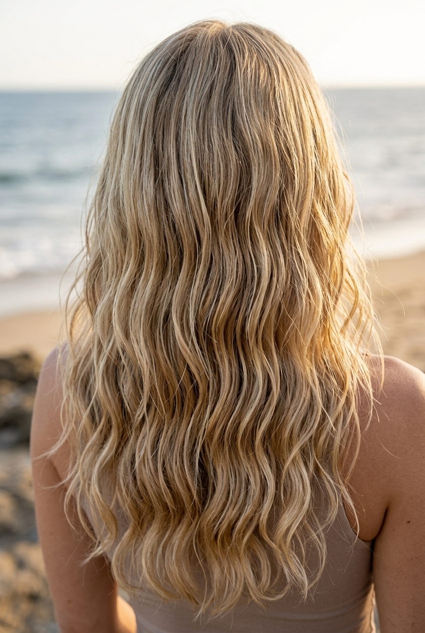long layered wavy haircut in creamy blonde with root smudge and babylights for summer