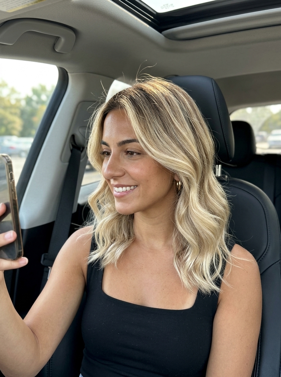 wavy lob 'Creamy Butter Blonde' shadow root with neutral light brown, babylights — effortless summer hair