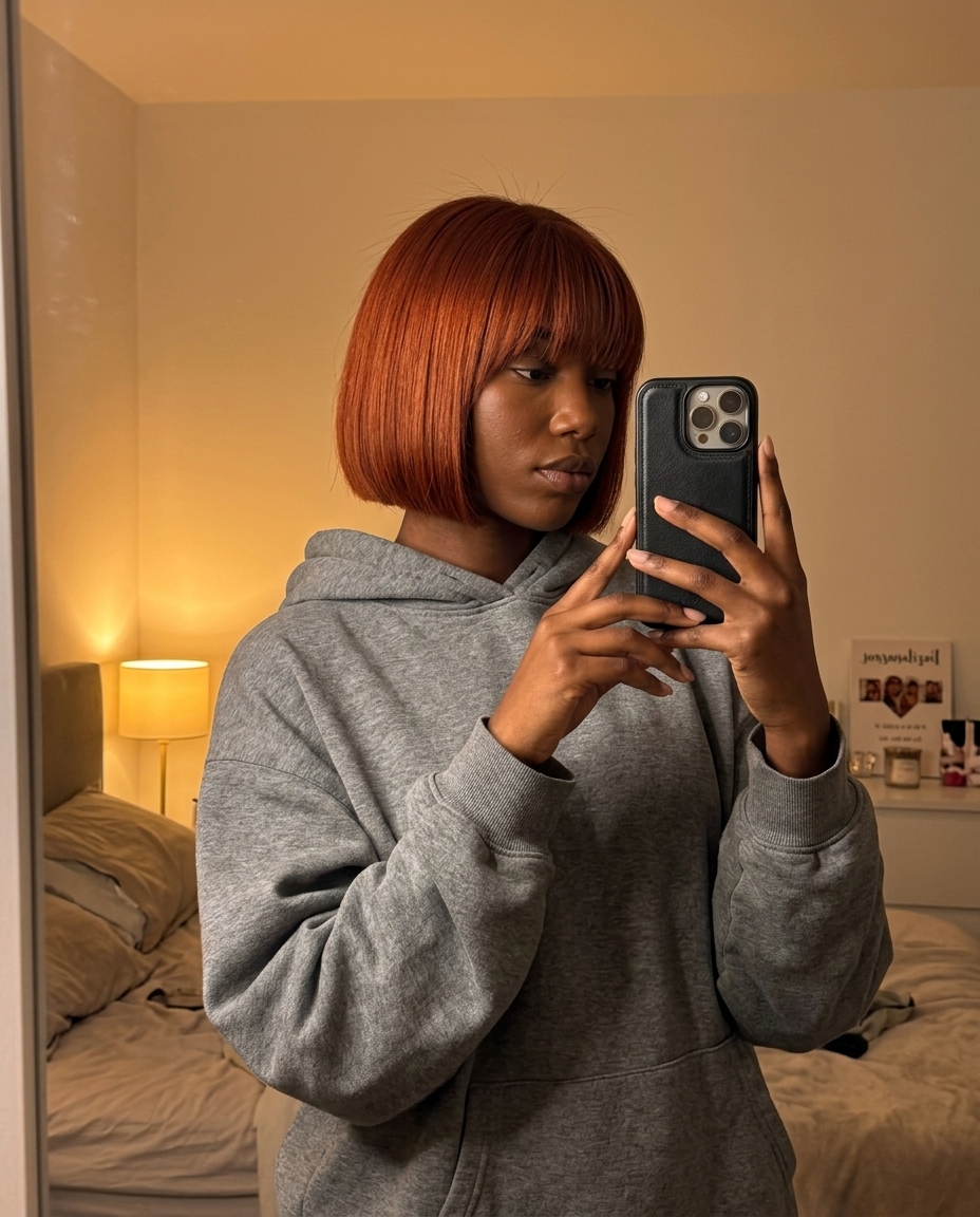 short crimson copper bixie bob with blunt fringe, internal layering, sleek finish — bold statement