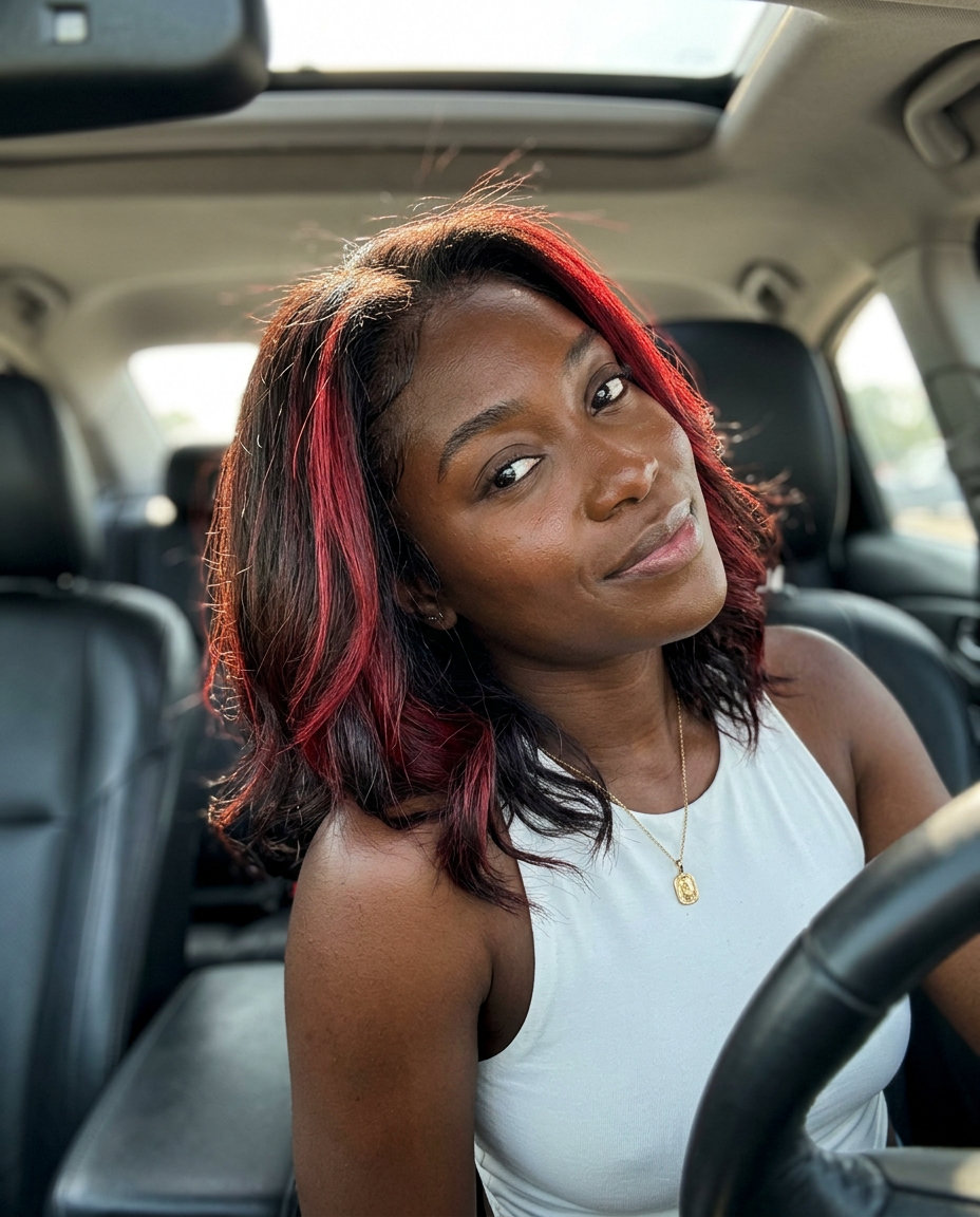 long espresso brunette hair color with crimson reverse balayage, ruby undertones, for summer