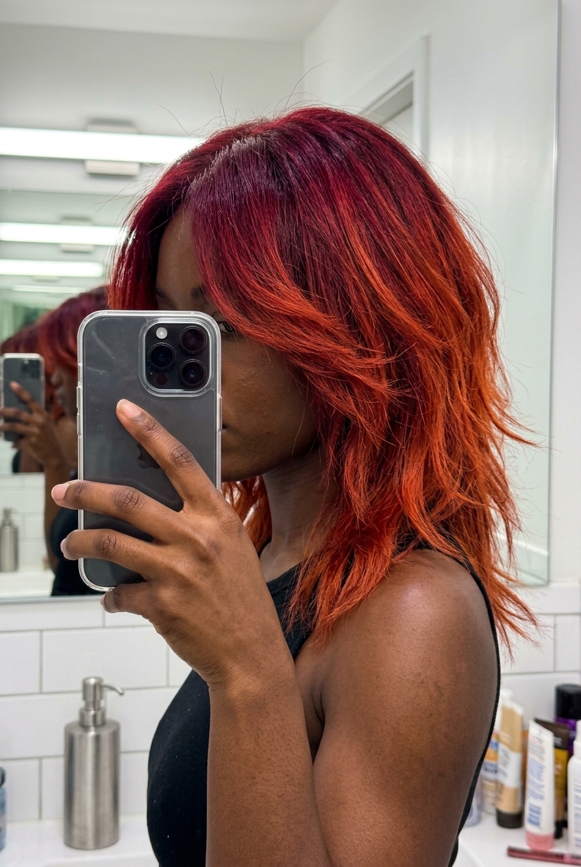 long deep crimson to fiery red-orange ombre with red-violet undertones, custom balayage — vibrant concert