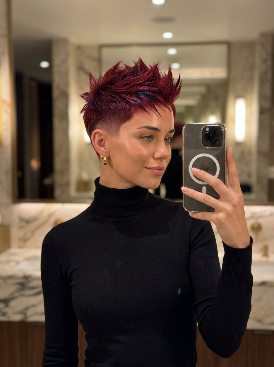 Crimson Red Pixie Haircut 2026 very short pixie haircut in vibrant crimson red with blue-red undertones & clipper-fade for edginess