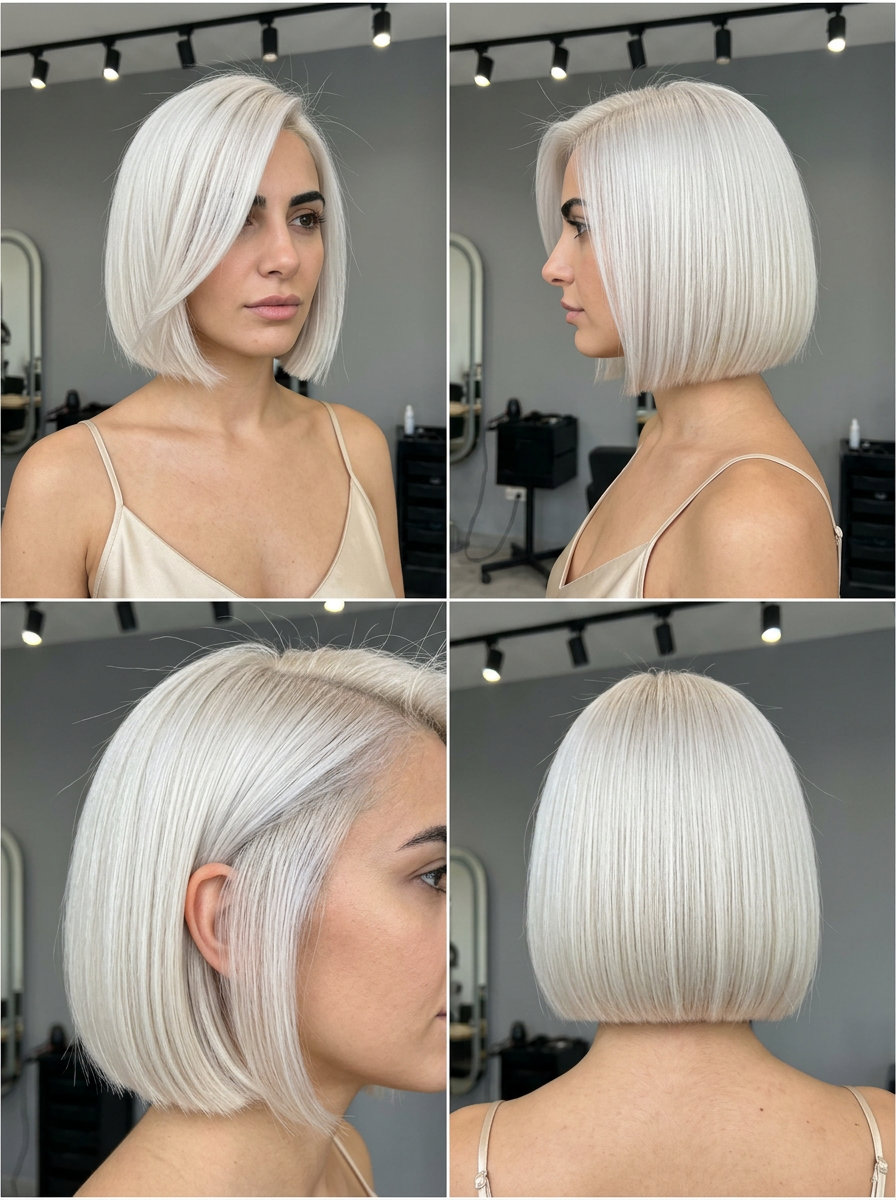chin-length Italian bob haircut in crystal clear platinum with blunt perimeter and deep side part for bold
