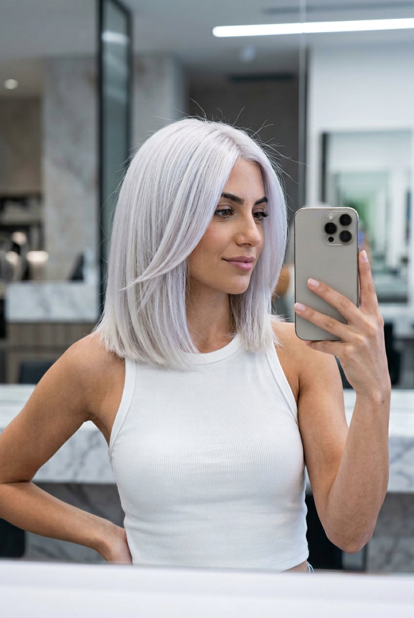 collarbone-length crystal clear platinum lob with blunt perimeter for professional settings