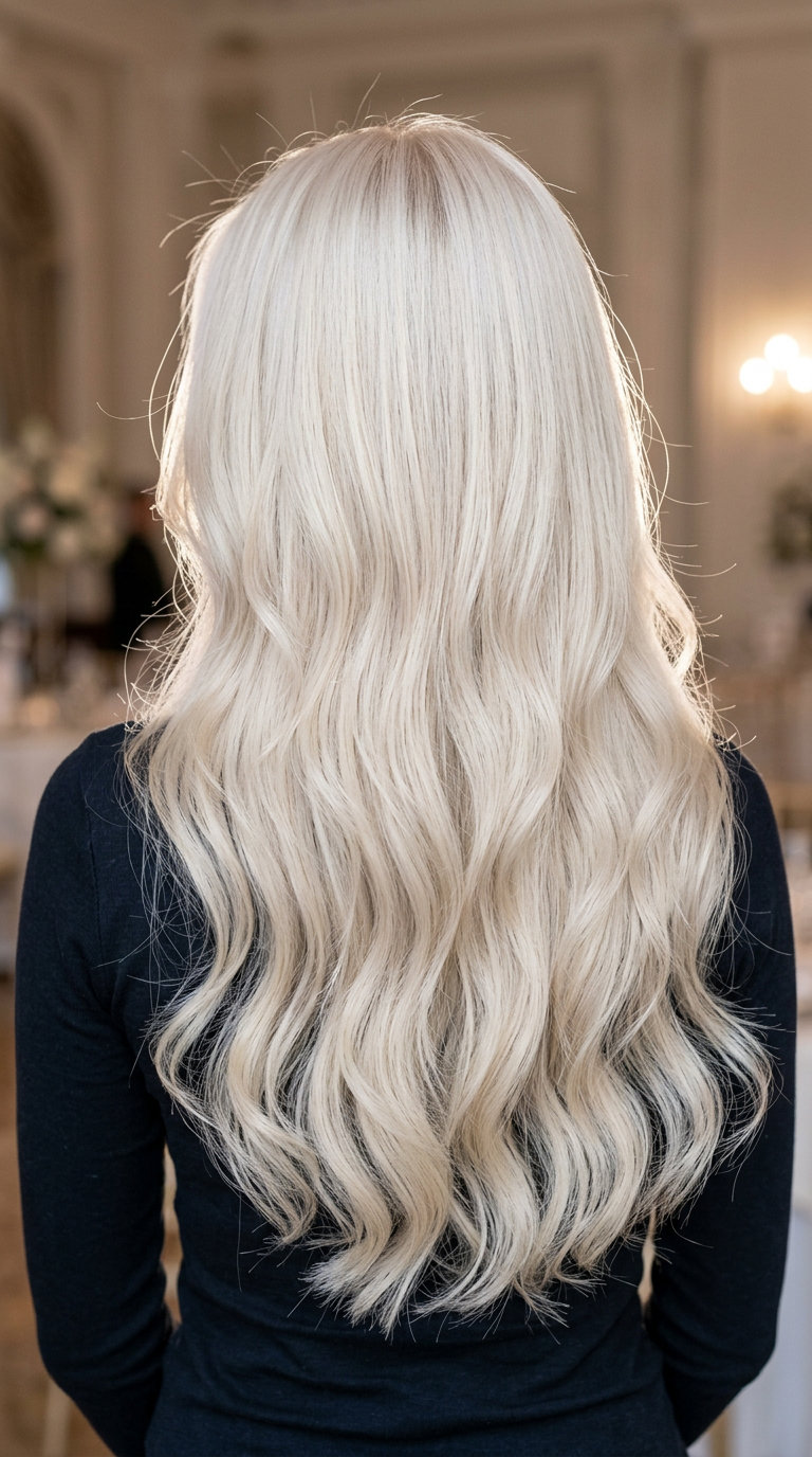 long layered haircut in crystal clear platinum with subtle face-framing layers and V-cut back for romantic