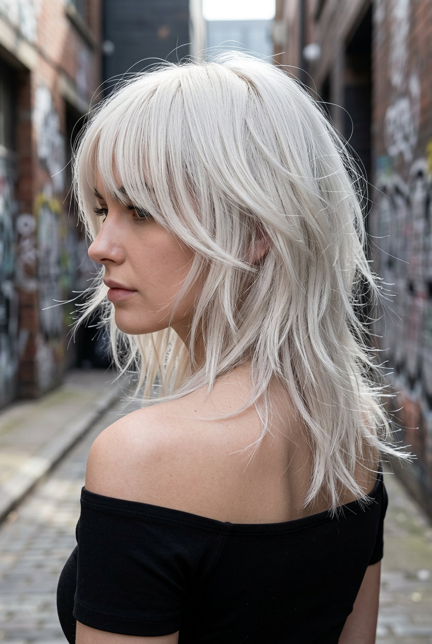 medium length wolf cut with razored layers and bottleneck bangs in crystal clear platinum for bold
