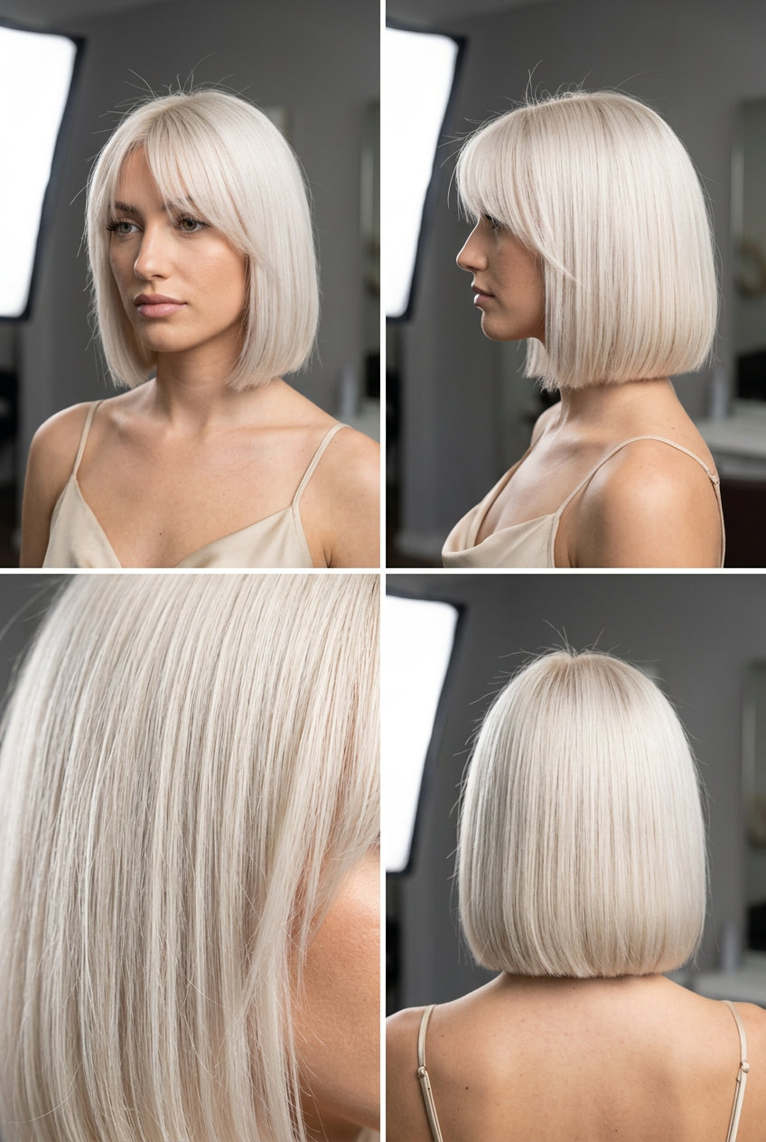 chin-length platinum bob haircut with crystal clear white color and wispy Birkin bangs for retro