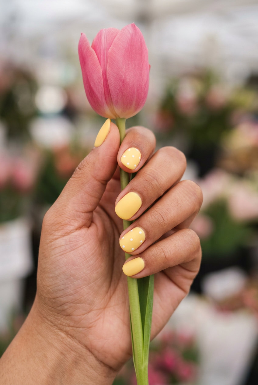 Butter yellow velvet matte nails with white dots for casual summer outings and picnics. Cute summer nails 2026.